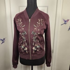 EXPRESS XXS Embroidered Butterfly Floral Burgundy Bomber Jacket Academia